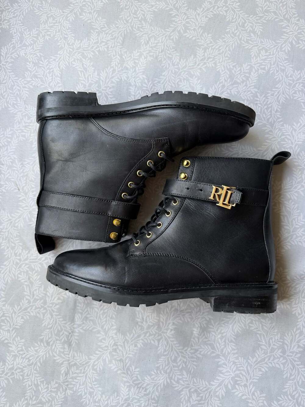 Lauren Ralph Lauren Black Leather Elridge Combat Ankle Boots Size US 9